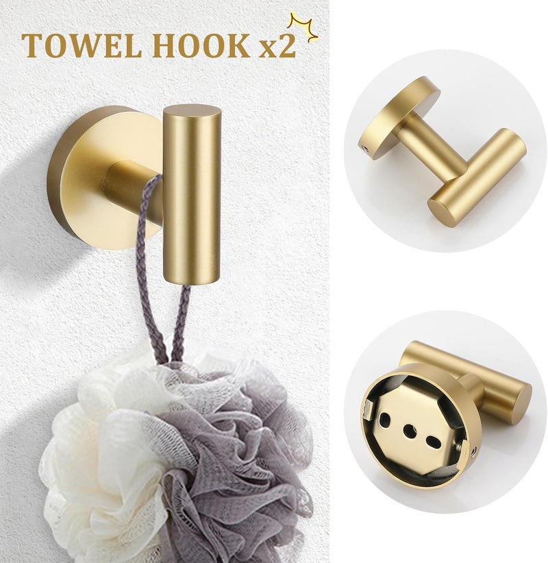 TURS Brushed Gold 5 Piece Bathroom Hardware Set, SUS304 Stainless Steel 24 Inch Bath Towel Bar Set, Round Bathroom Accessories Kit Wall Mounted - Image 5